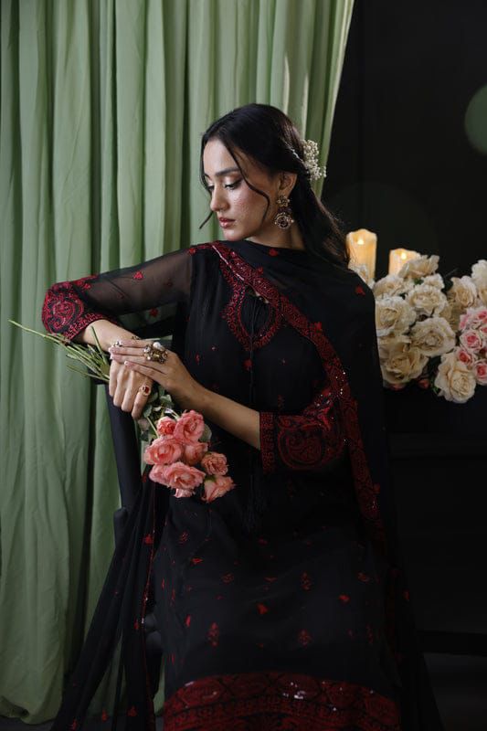Baroque chiffon embroidered 3 piece suit with malai trouser, heavy embroidered front, sleeves and chiffon dupatta with 4-side border – formal wear
