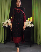 Baroque chiffon embroidered 3 piece suit with malai trouser, heavy embroidered front, sleeves and chiffon dupatta with 4-side border – formal wear
