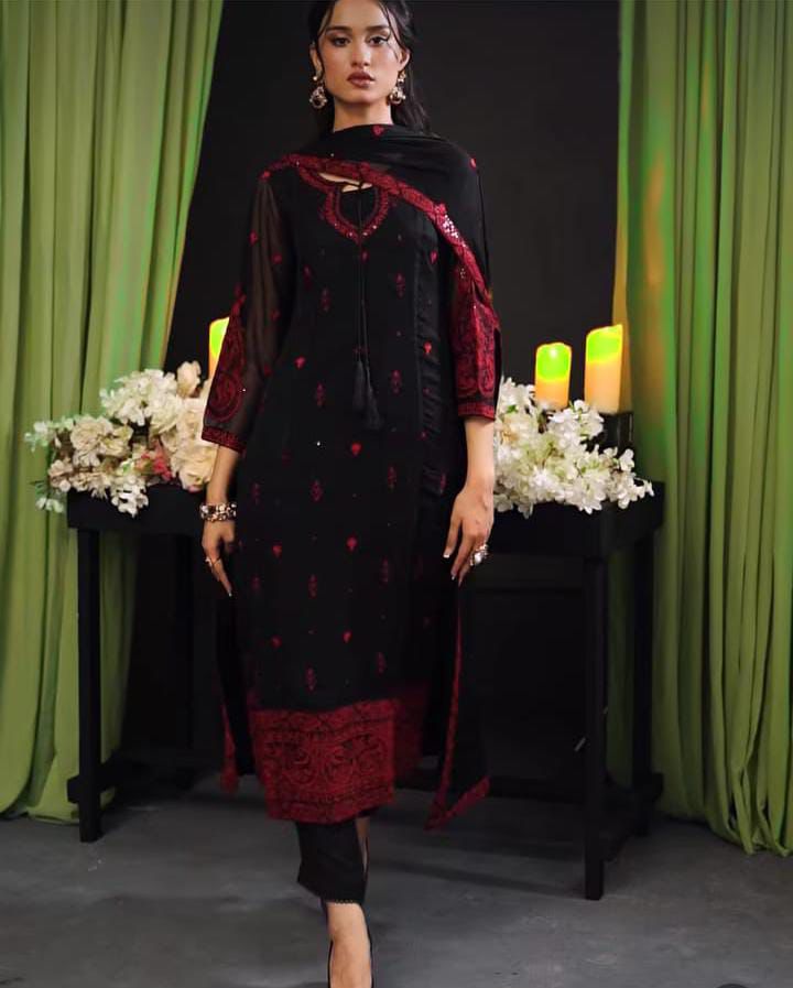 Baroque chiffon embroidered 3 piece suit with malai trouser, heavy embroidered front, sleeves and chiffon dupatta with 4-side border – formal wear
