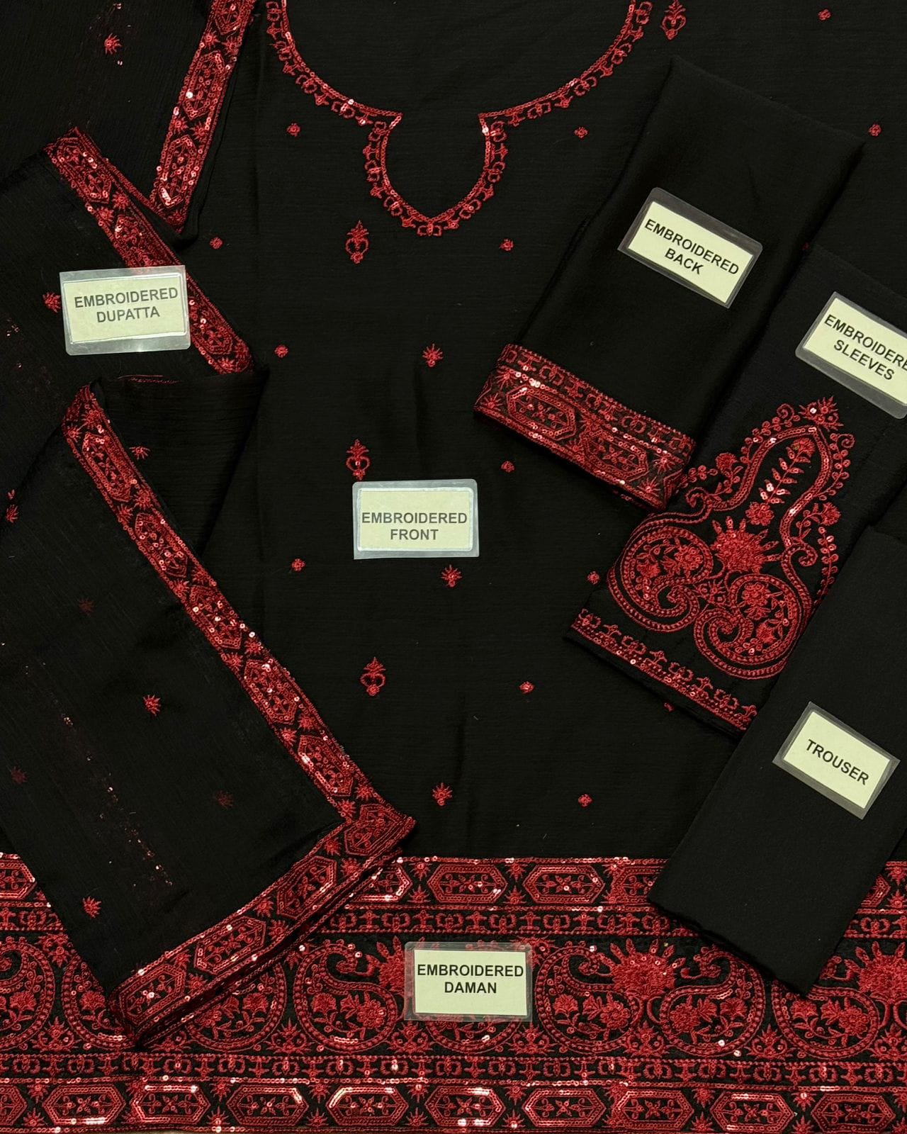 Baroque chiffon embroidered 3 piece suit with malai trouser, heavy embroidered front, sleeves and chiffon dupatta with 4-side border – formal wear
