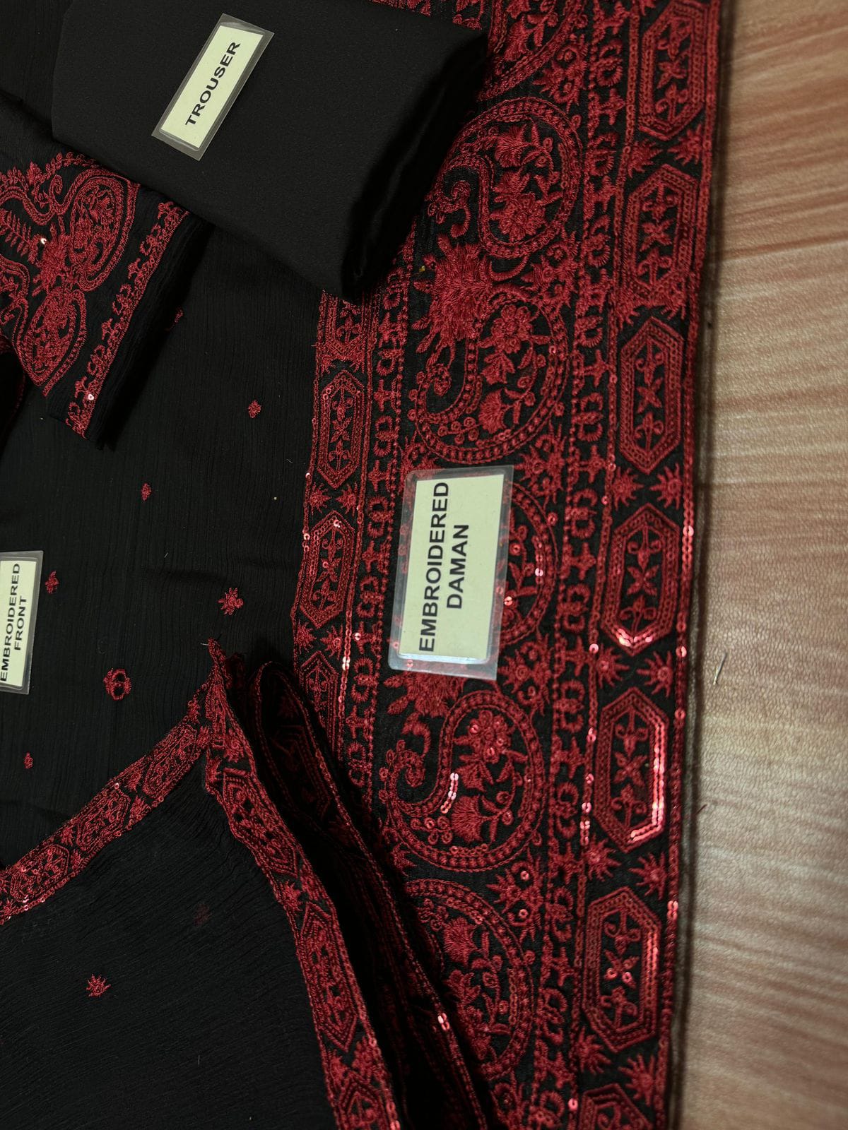 Baroque chiffon embroidered 3 piece suit with malai trouser, heavy embroidered front, sleeves and chiffon dupatta with 4-side border – formal wear