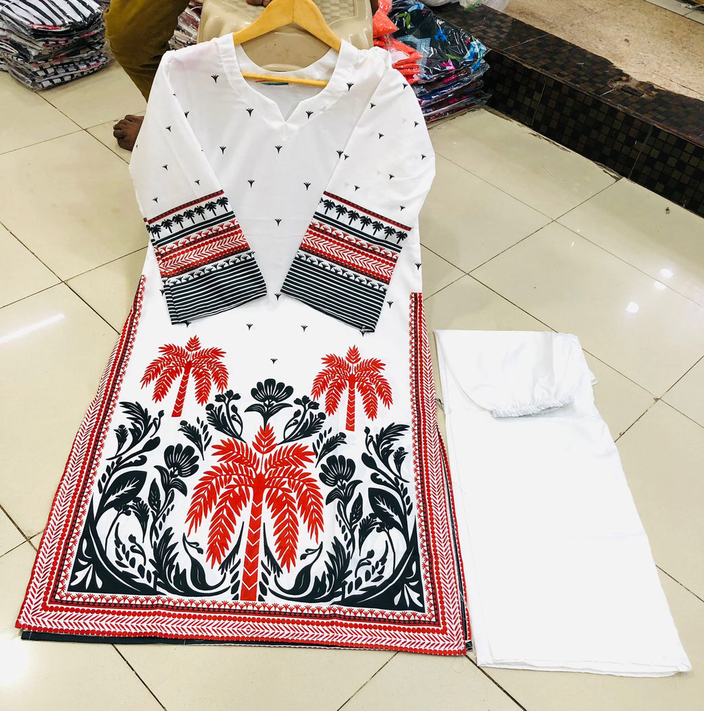 Co-Ord Set 2-Piece Suit in Swiss Lawn featuring digital printed long shirt and bell bottom trouser – trendy and stylish design