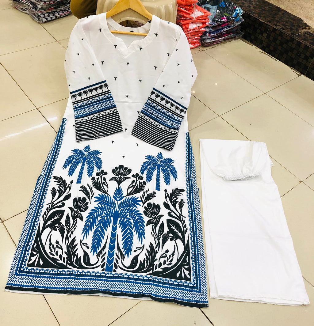 Co-Ord Set 2-Piece Suit in Swiss Lawn featuring digital printed long shirt and bell bottom trouser – trendy and stylish design