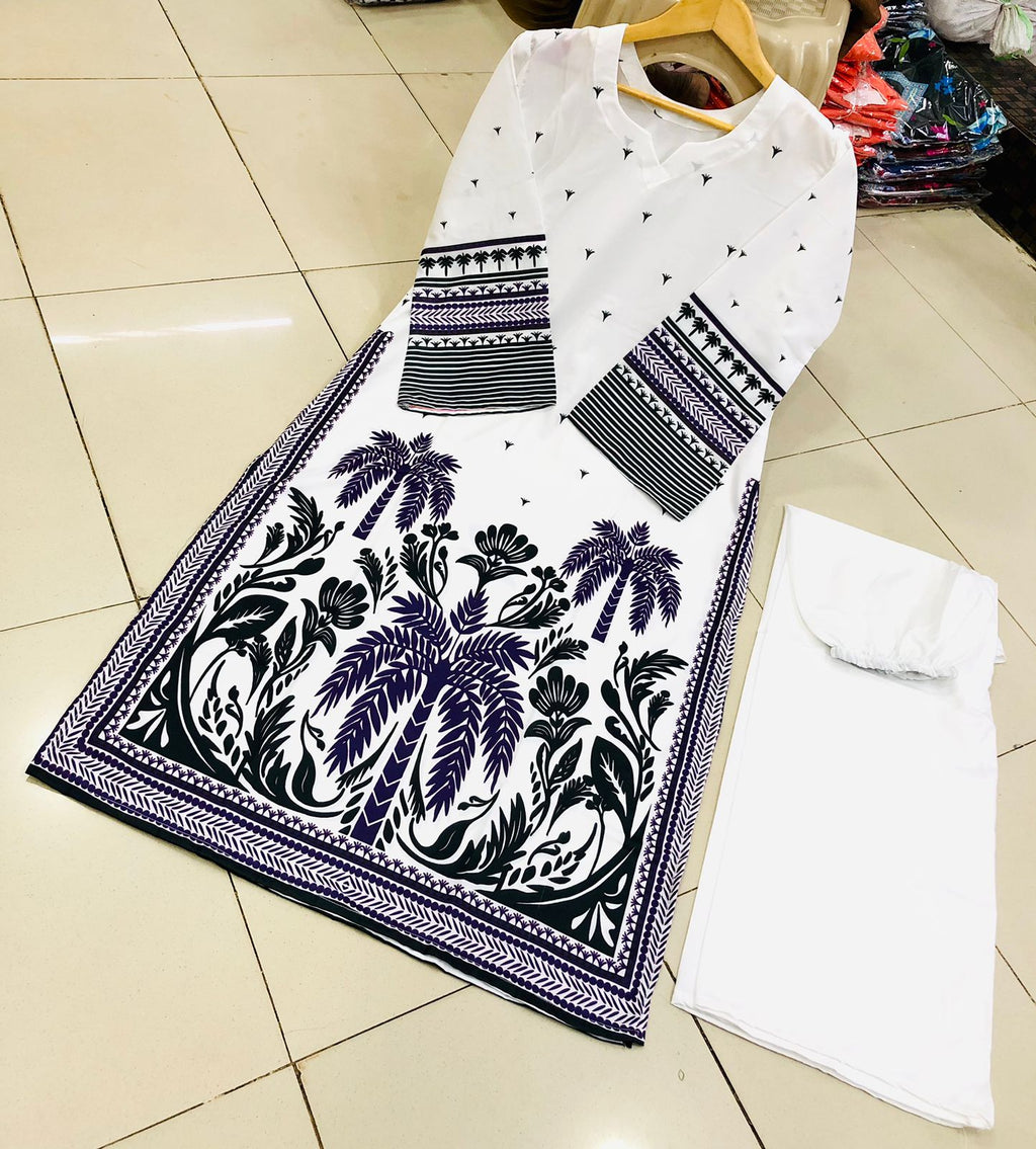 Co-Ord Set 2-Piece Suit in Swiss Lawn featuring digital printed long shirt and bell bottom trouser – trendy and stylish design