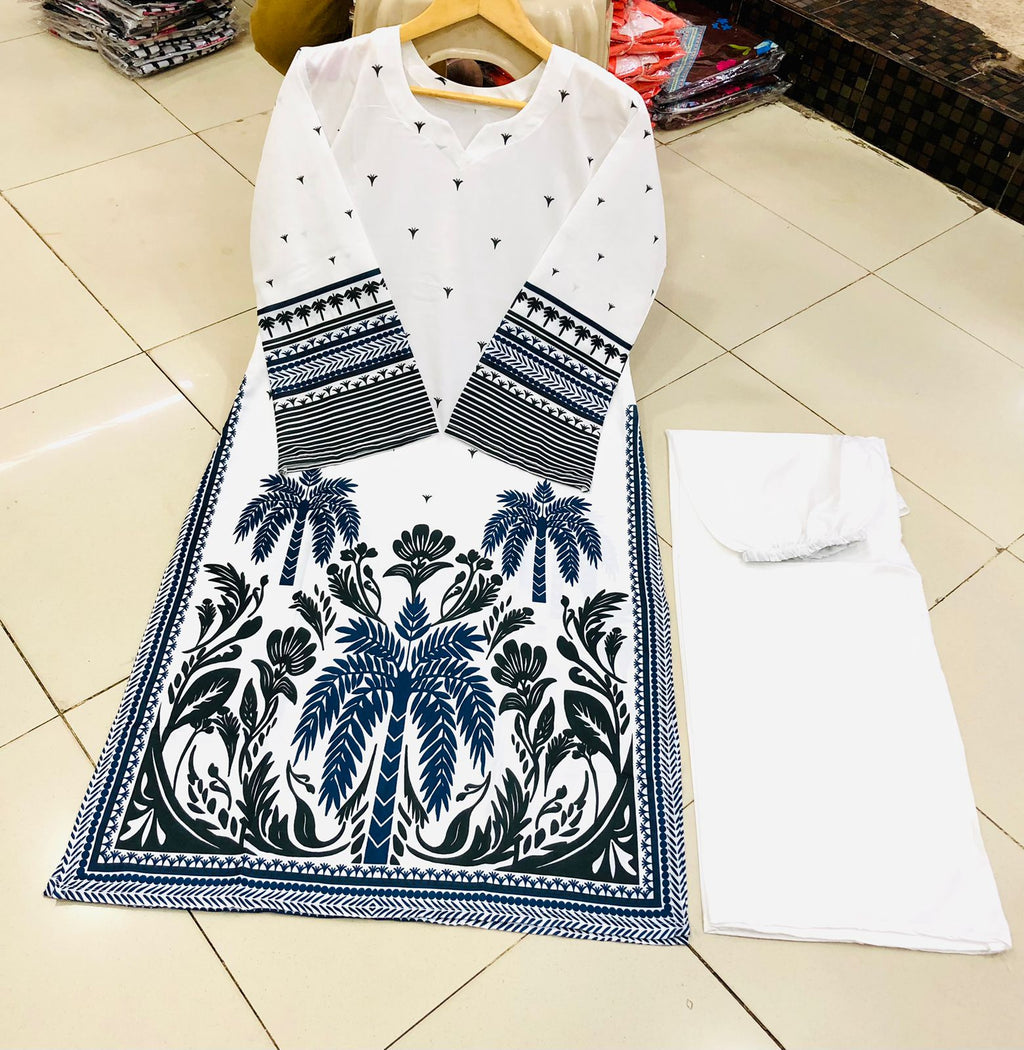 Co-Ord Set 2-Piece Suit in Swiss Lawn featuring digital printed long shirt and bell bottom trouser – trendy and stylish design