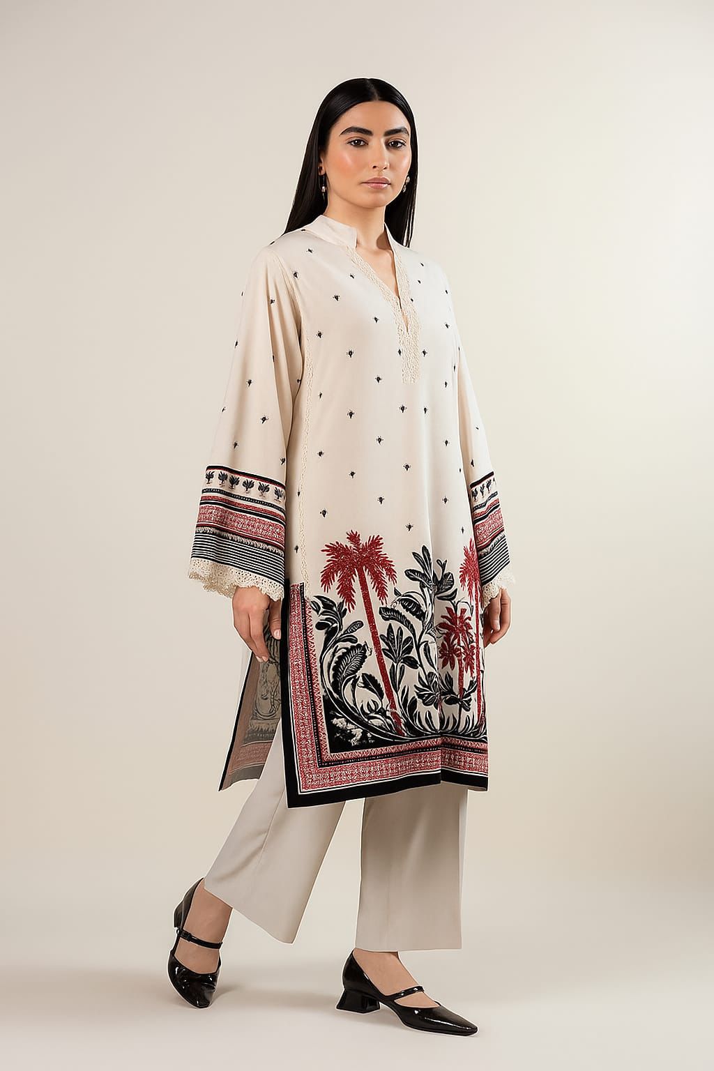 Co-Ord Set 2-Piece Suit in Swiss Lawn featuring digital printed long shirt and bell bottom trouser – trendy and stylish design