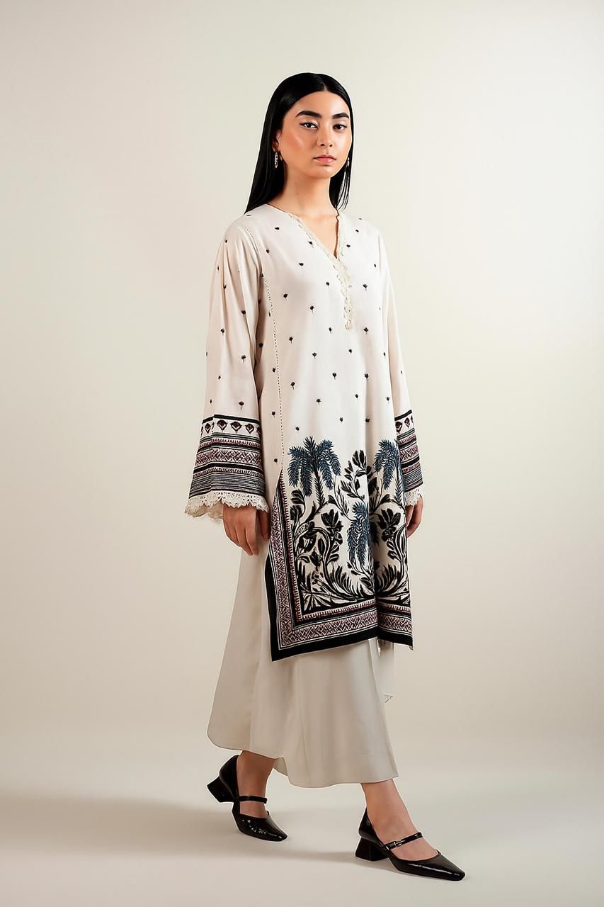 Co-Ord Set 2-Piece Suit in Swiss Lawn featuring digital printed long shirt and bell bottom trouser – trendy and stylish design