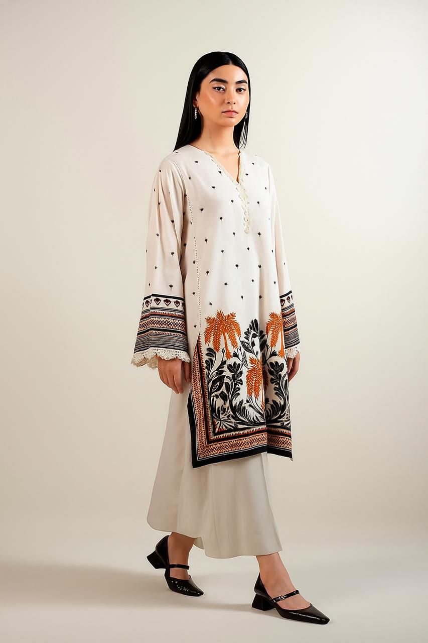 Co-Ord Set 2-Piece Suit in Swiss Lawn featuring digital printed long shirt and bell bottom trouser – trendy and stylish design