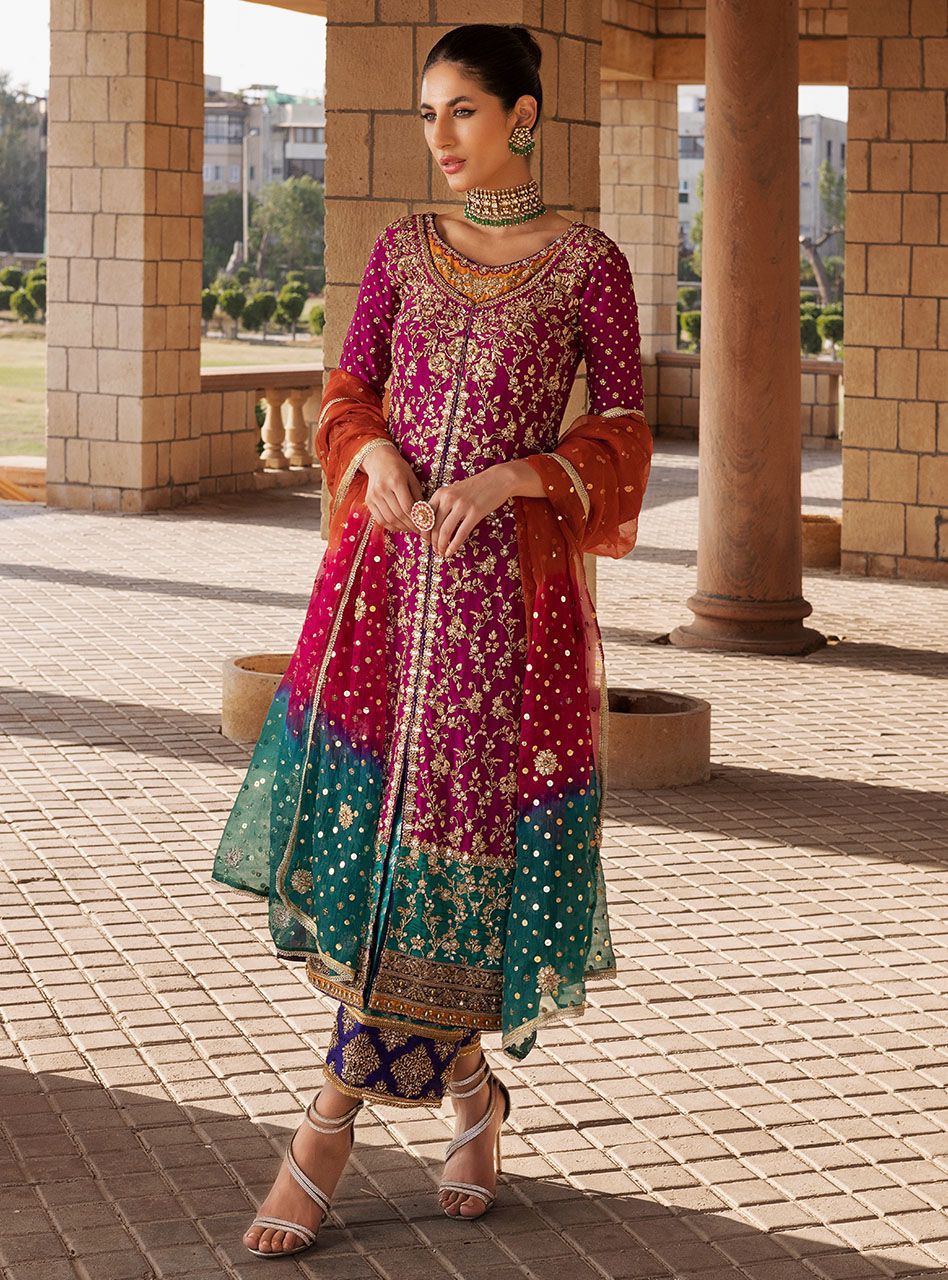Zainab Chottani luxury 3-piece unstitched embroidered chiffon suit with silk trouser and tie & die net dupatta
