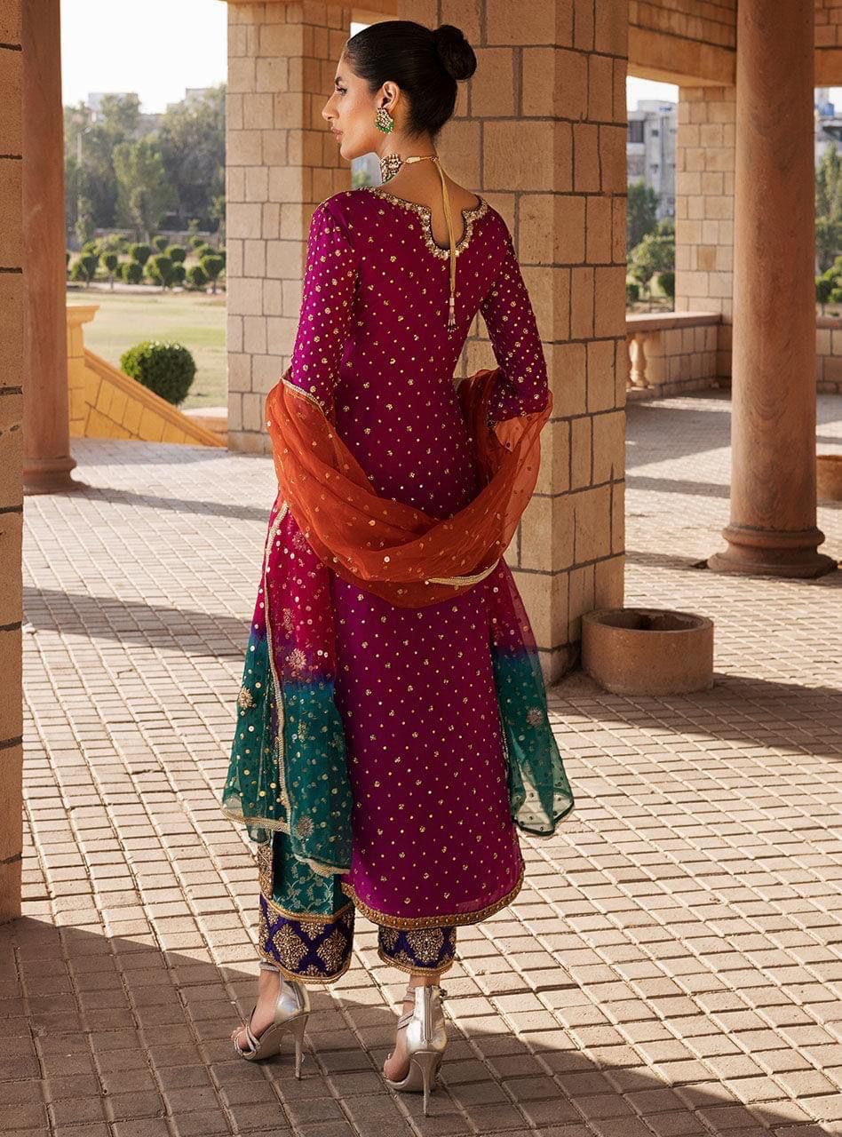 Zainab Chottani luxury 3-piece unstitched embroidered chiffon suit with silk trouser and tie & die net dupatta