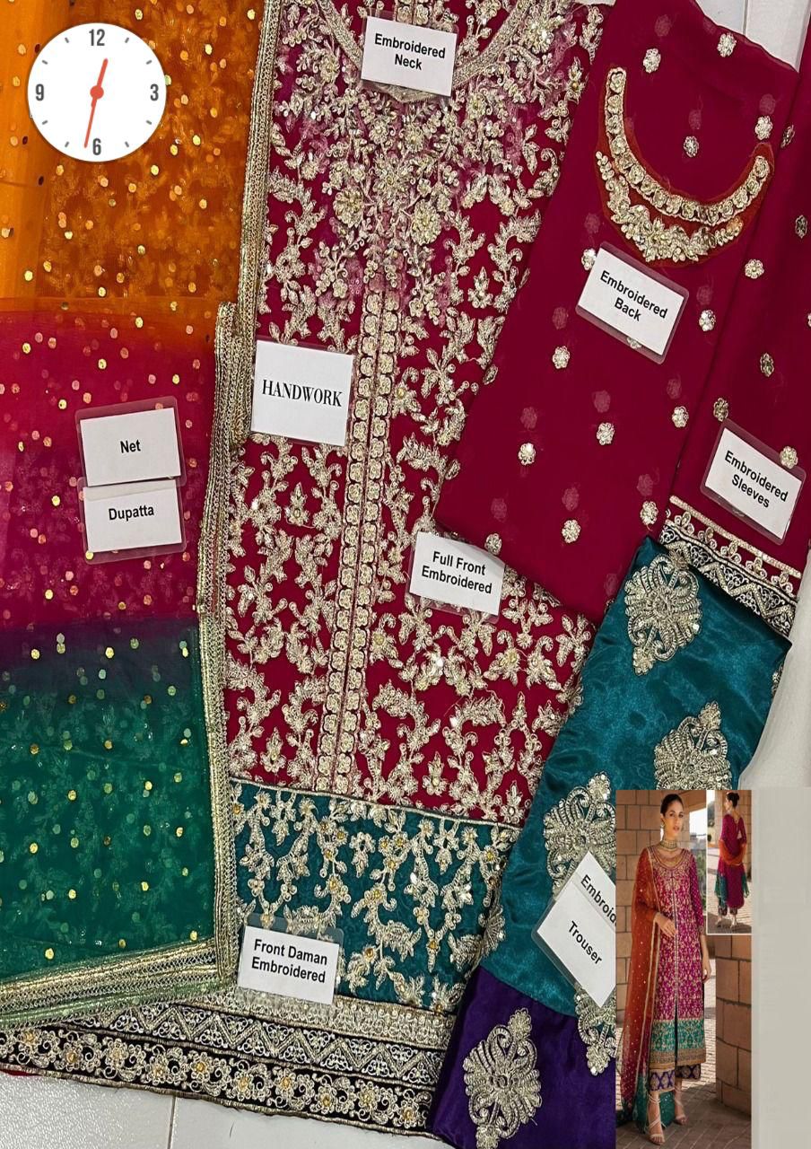 Zainab Chottani luxury 3-piece unstitched embroidered chiffon suit with silk trouser and tie & die net dupatta