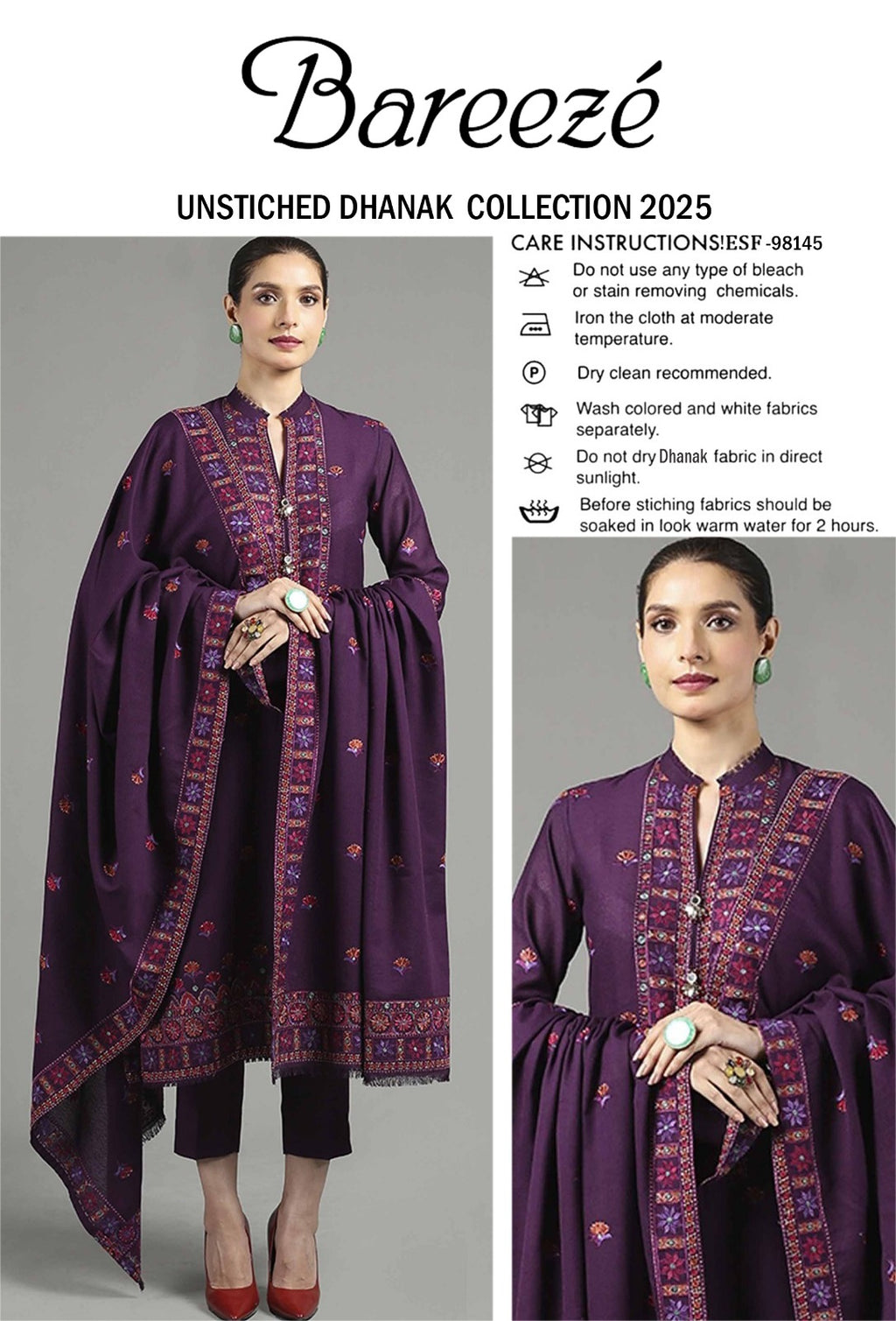 Bareeze Dhanak Embroidered 3-Piece Suit with Heavy Embroidery Shawl