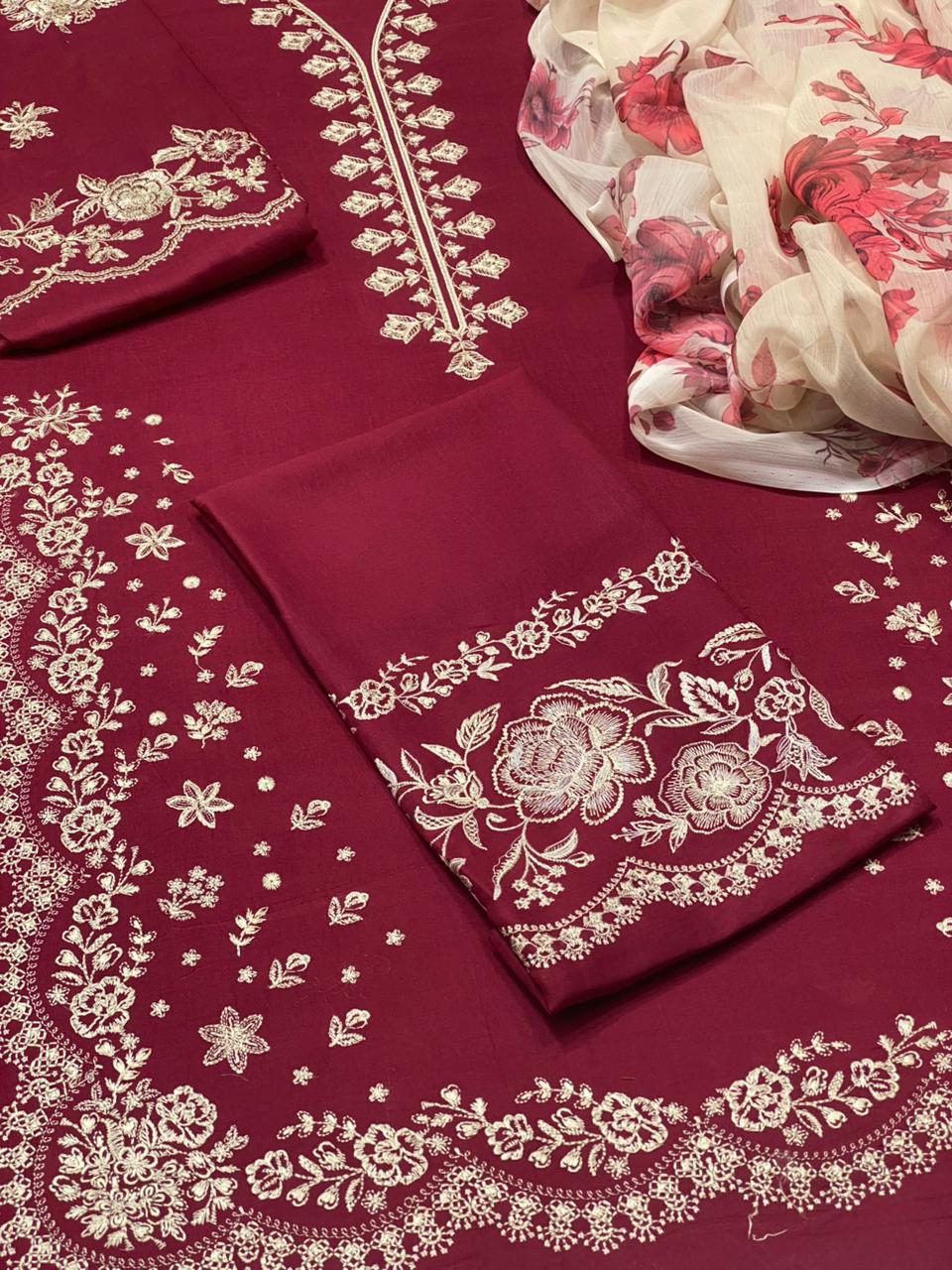 Zara Shahjahan – Fully Embroidered LINEN 3Pc With Printed Chiffon Dupatta