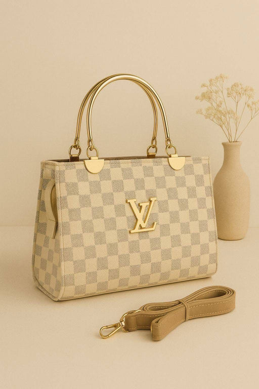 Louis Vuitton style handbag for girls with metal handle, long strap, medium size, and premium A+ quality — SKU 16012, IZ Pattern and Place.