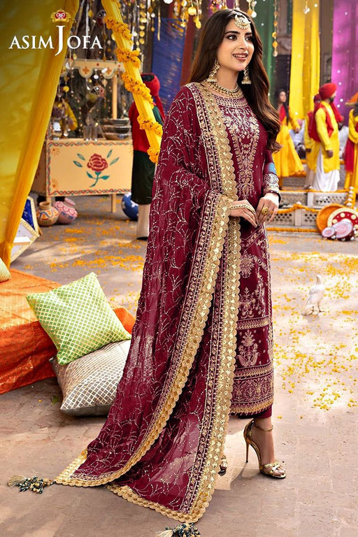 Asim Jofa unstitched 3-piece luxury chiffon suit with heavy embroidered sequence work, premium chiffon shirt, soft malai trouser, and embroidered chiffon dupatta — perfect for formal and party wear
