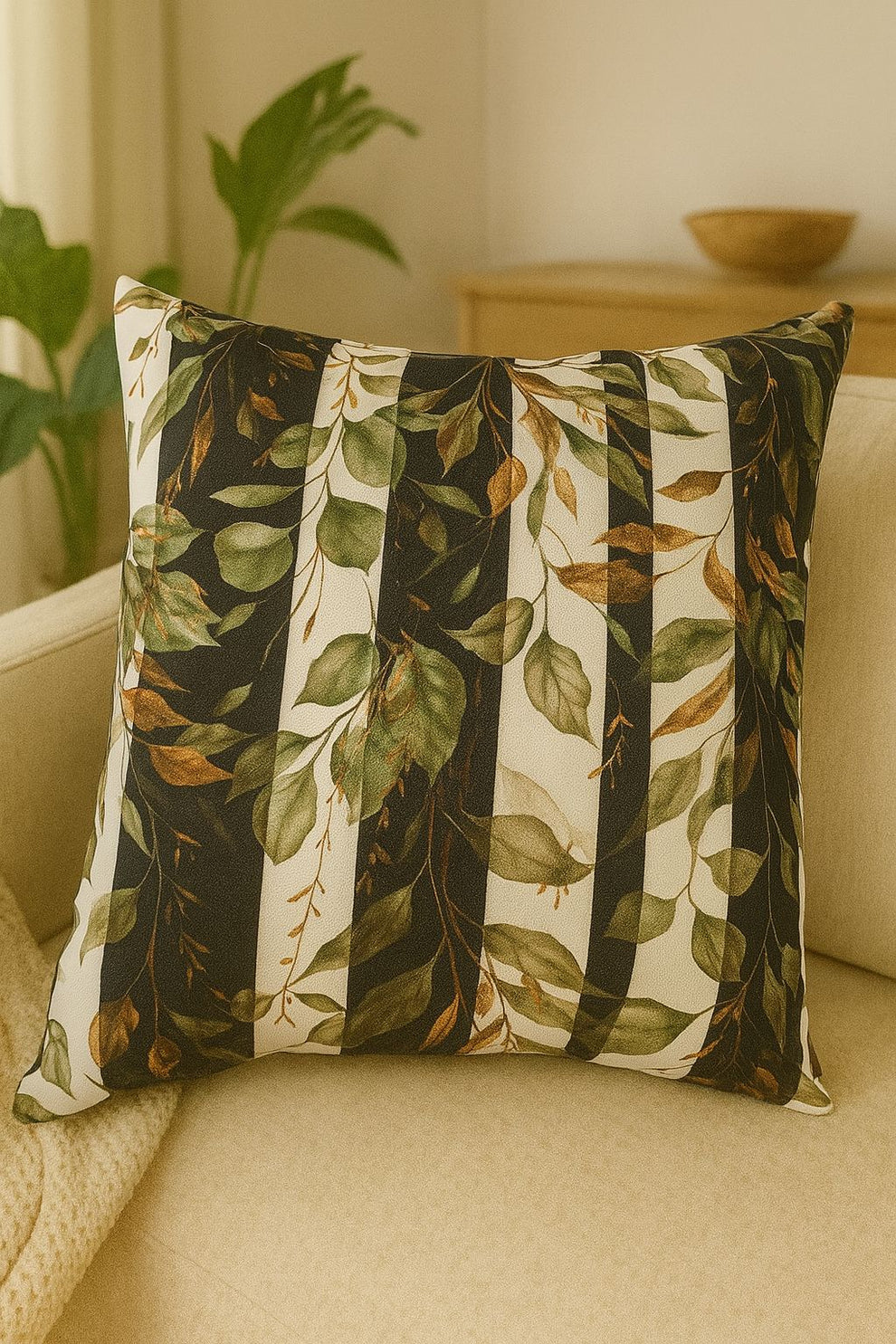 Leafy Stripes Cushion Cover (16x16 in / 40x40 cm)