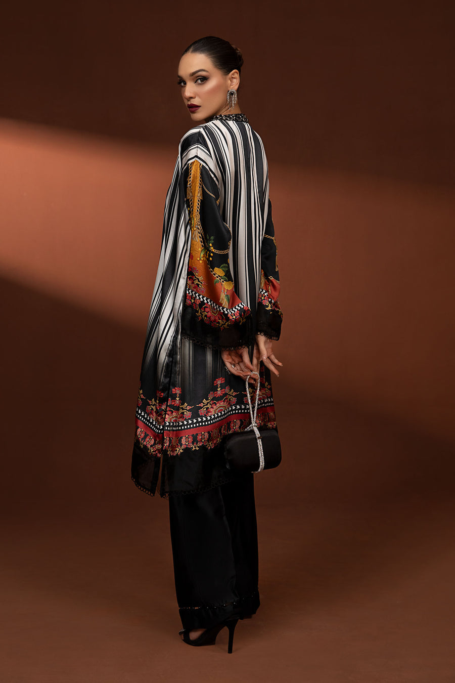 Maria B Shamoz Silk 2PC unstitched suit with printed shirt and trouser in fine quality fabric.