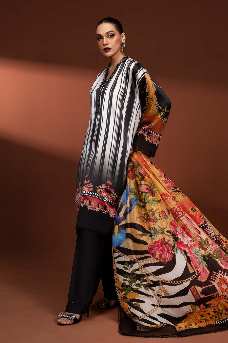 Maria B Shamoz Silk 2PC unstitched suit with printed shirt and trouser in fine quality fabric.