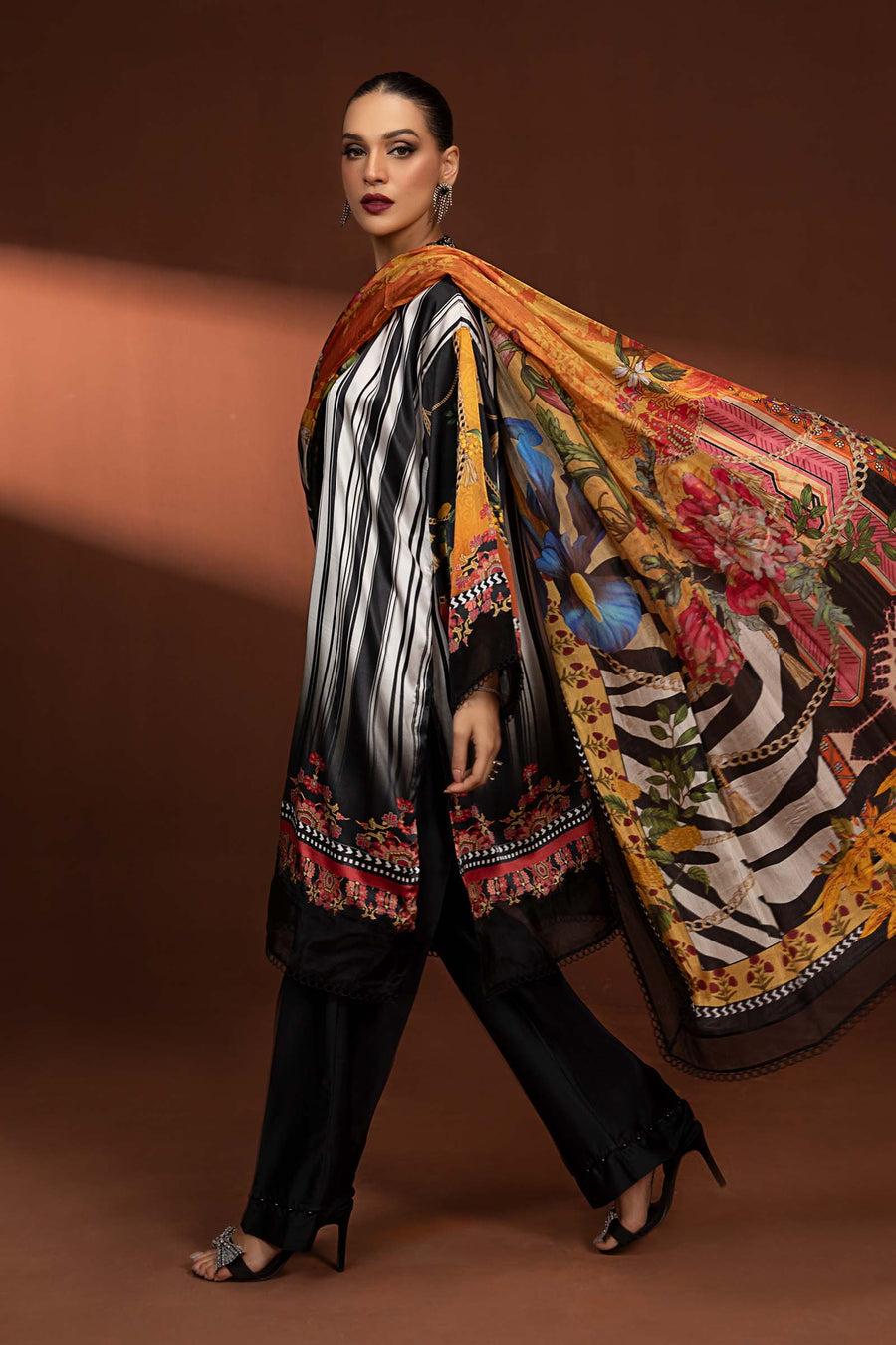 Maria B Shamoz Silk 2PC unstitched suit with printed shirt and trouser in fine quality fabric.