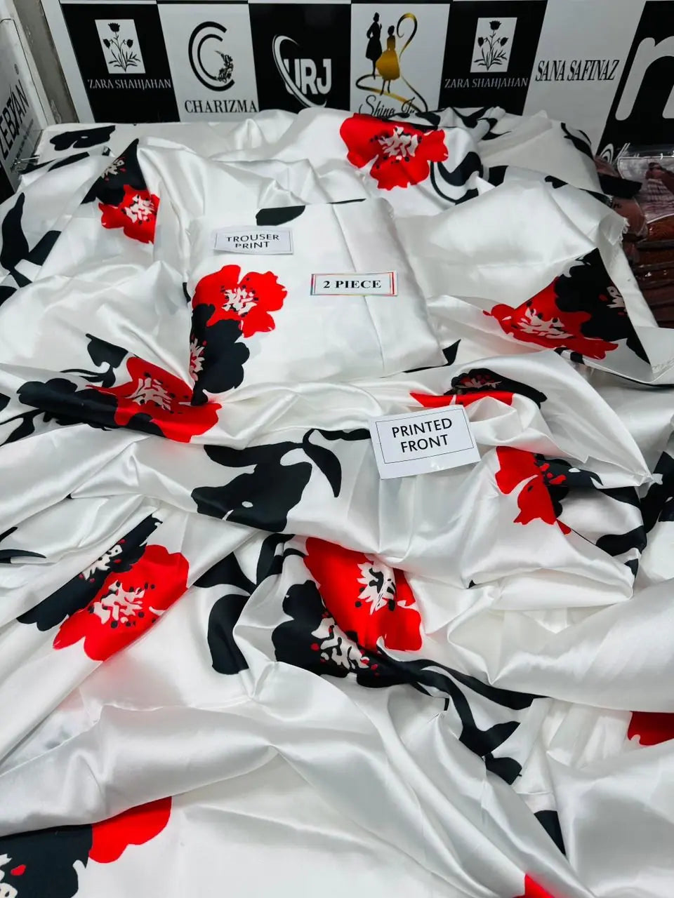 Lulusar Shamooz Silk 2PC unstitched digital printed dress with silk shirt, back, sleeves, and trouser