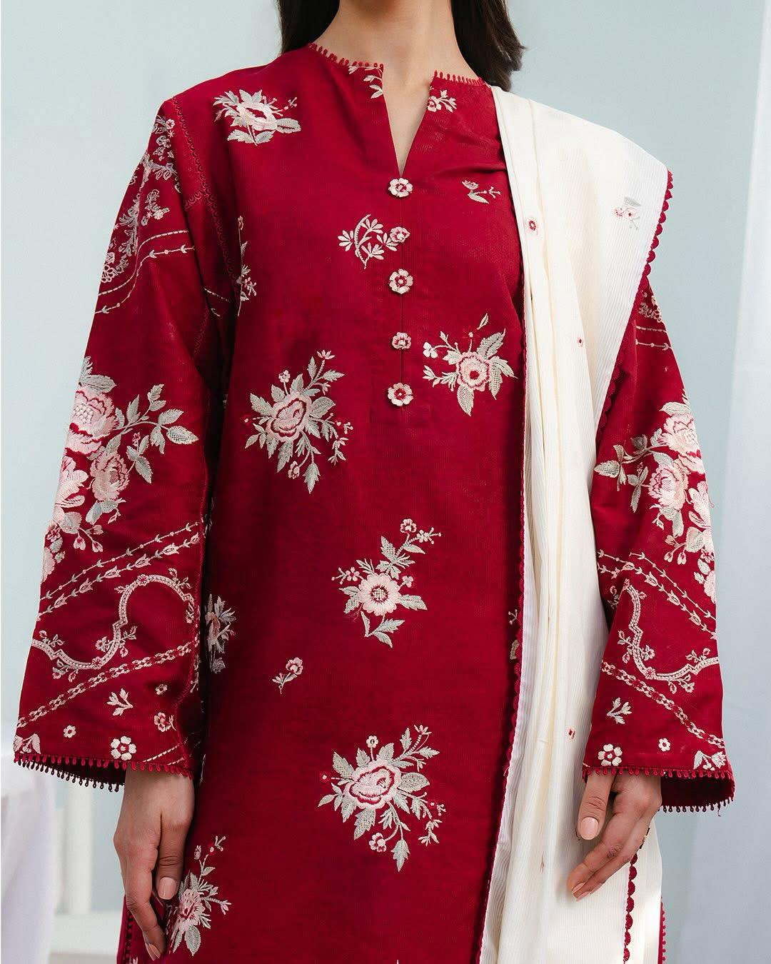 Coco by Zara Shahjahan Dhanak 2PC suit with embroidered front & sleeves, plain back, and plain trouser – Winter 2025.