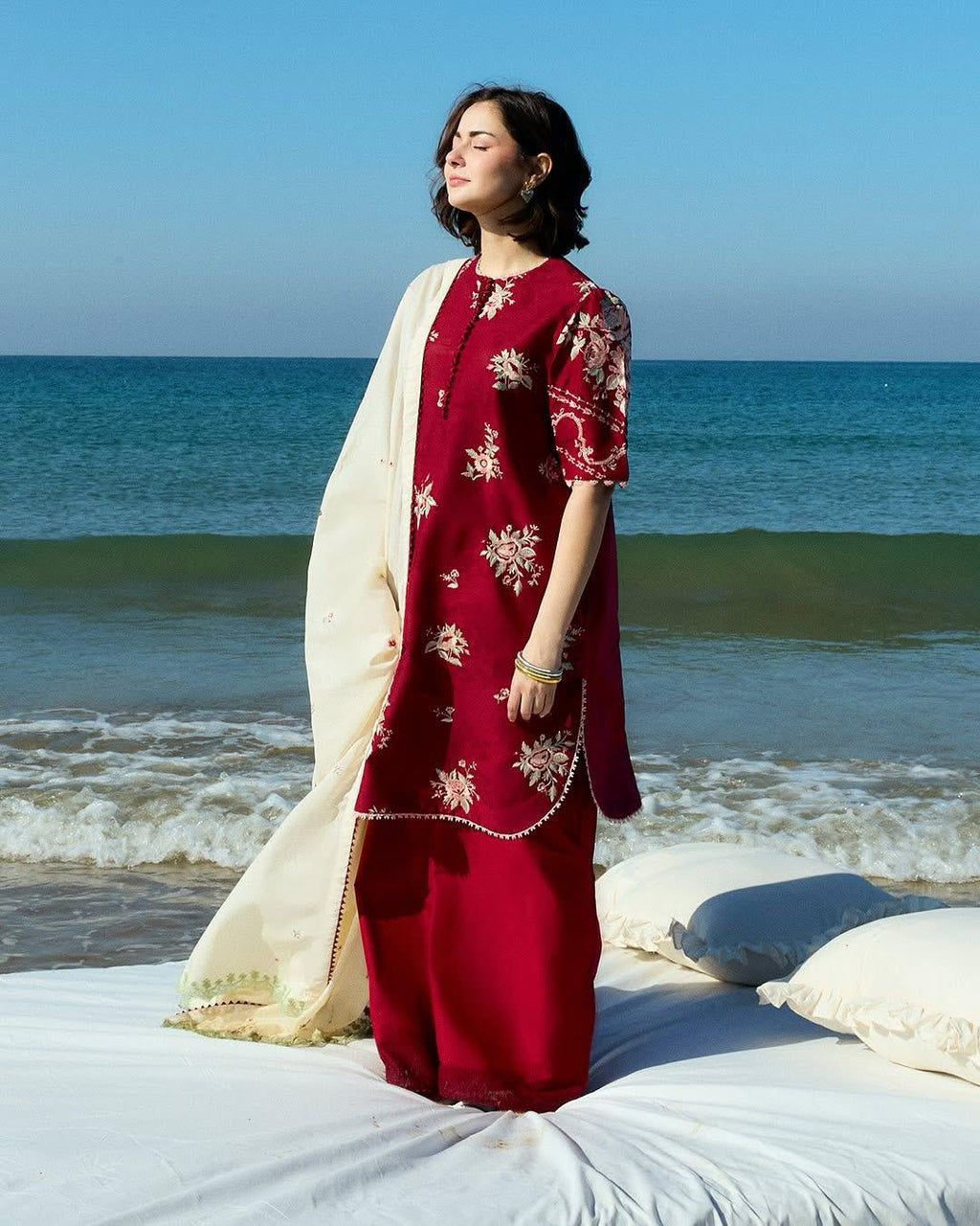 Coco by Zara Shahjahan Dhanak 2PC suit with embroidered front & sleeves, plain back, and plain trouser – Winter 2025.
