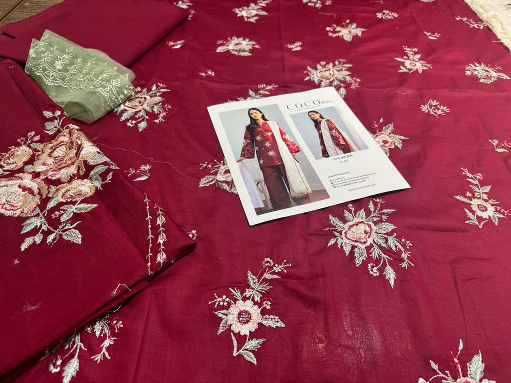 Coco by Zara Shahjahan Dhanak 2PC suit with embroidered front & sleeves, plain back, and plain trouser – Winter 2025.