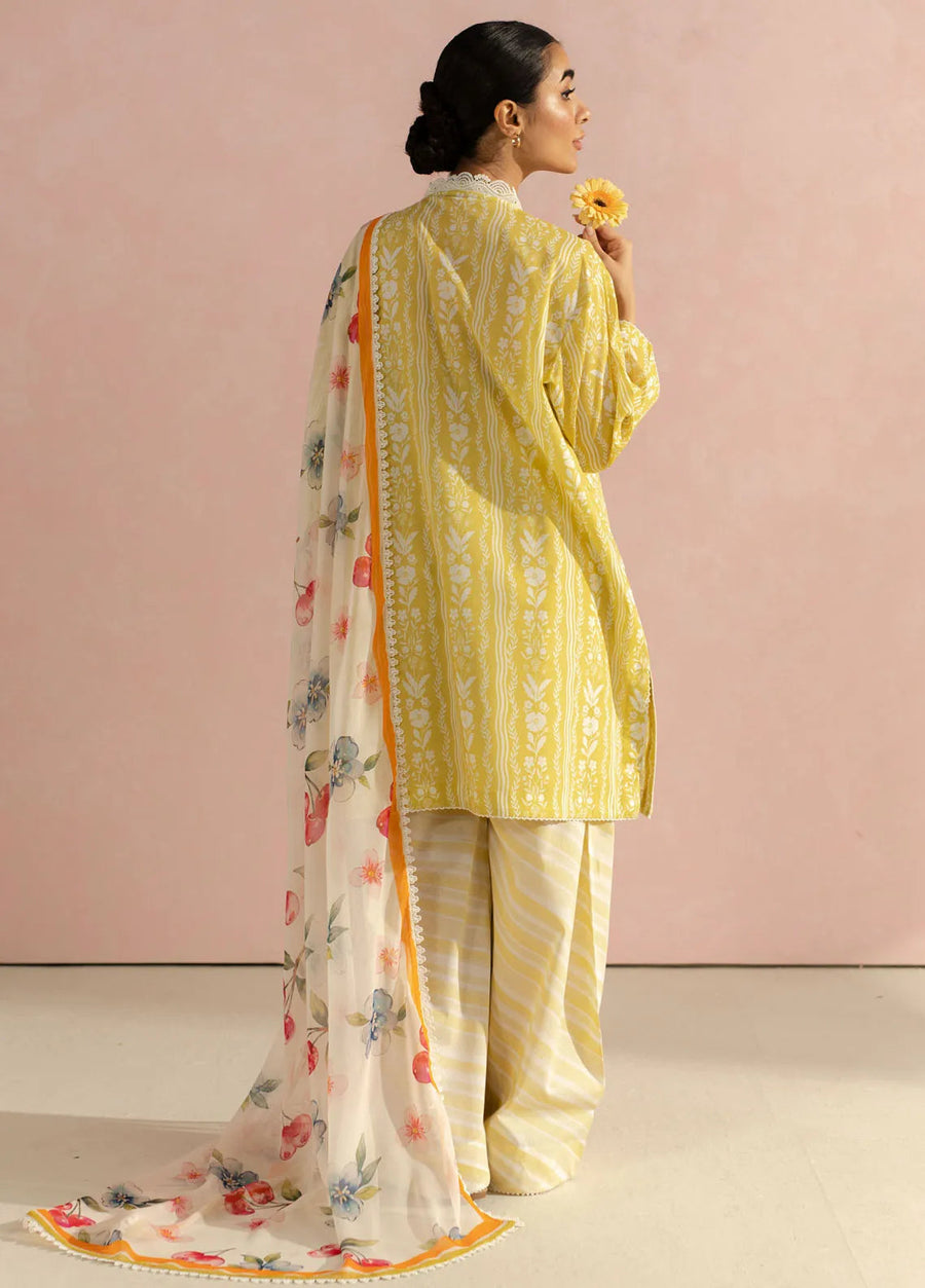 Coco by Zara Shahjahan 3PC unstitched silk suit with embroidered neck patch, digital print dupatta, and silk digital printed front, back & sleeves.