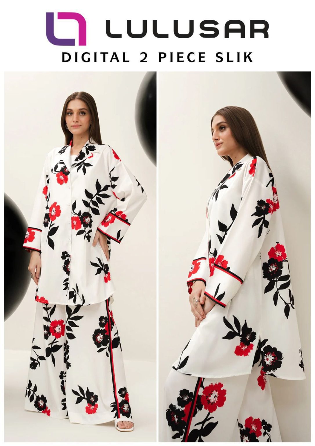 Lulusar Shamooz Silk 2PC unstitched digital printed dress with silk shirt, back, sleeves, and trouser