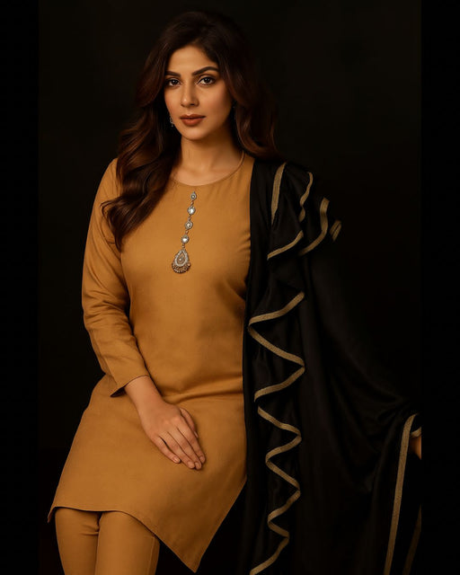 Self Dhanak Shirt & Trouser with Pashmina Nora Pati Shawl – 3Pc Dress