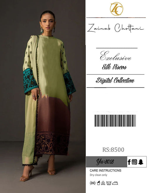 Zainab Chottani Silk 3Pc Unstitched Suit – Digital Print Front, Back & Sleeves